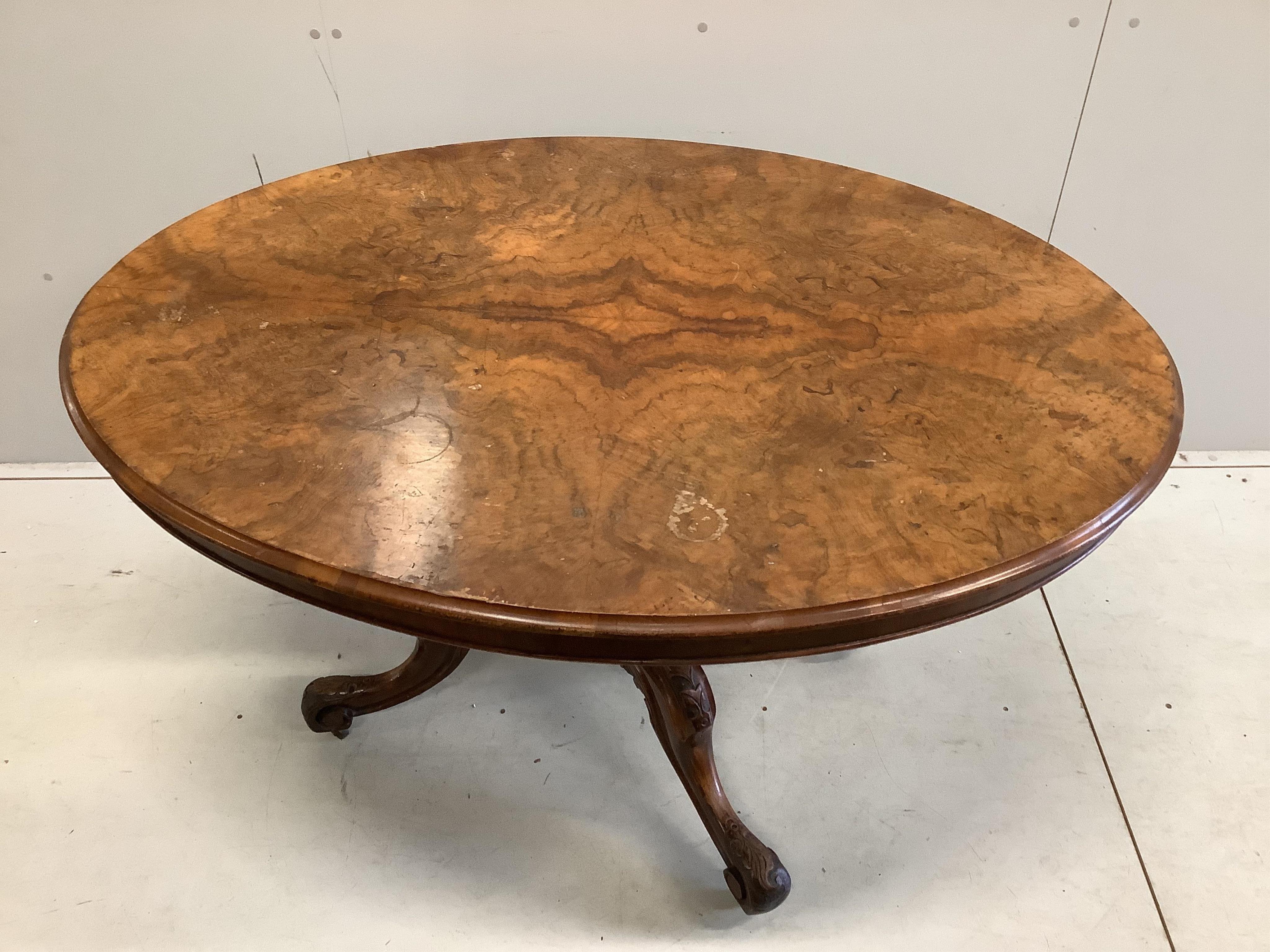 A Victorian oval burr walnut tilt top loo table, (missing one bolt), width 136cm, depth 98cm, height 72cm. Condition poor.